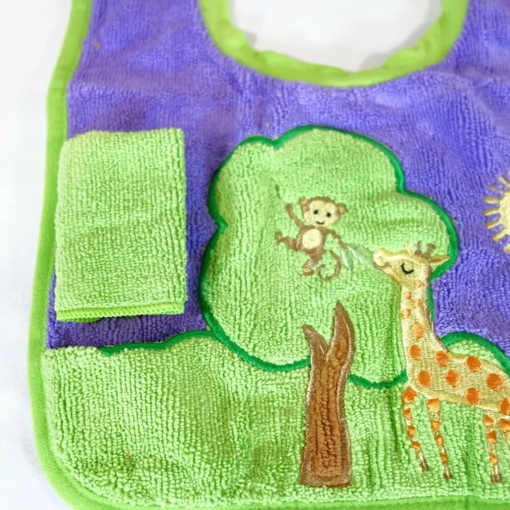 New Norwex Baby Bib Purple Tree Giraffe Monkey Washcloth Microfiber with Baclock